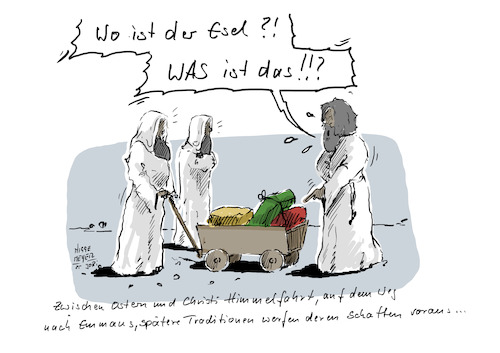 Cartoon: Zwischen Ostern und ... (medium) by Jori Niggemeyer tagged jüngerjesu,jesus,emmaus,bollerwagen,vatertag,christihimmelfahrt,jori,joricartoon,niggemeyer,joriniggemeyer,jüngerjesu,jesus,emmaus,bollerwagen,vatertag,christihimmelfahrt,jori,joricartoon,niggemeyer,joriniggemeyer