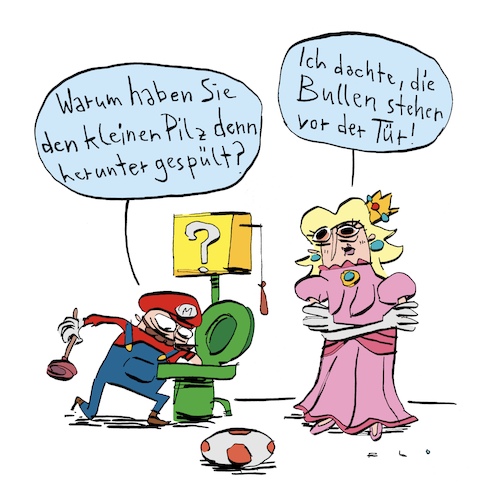 Cartoon: Gespült (medium) by F L O tagged super,mario,klempner,toilette,wc,pömpel,spülung,pilz,prinzessin,peach,polizei,bullen,drogen,kontrolle,razzia,toad,nintendo,super,mario,klempner,toilette,wc,pömpel,spülung,pilz,prinzessin,peach,polizei,bullen,drogen,kontrolle,razzia,toad,nintendo