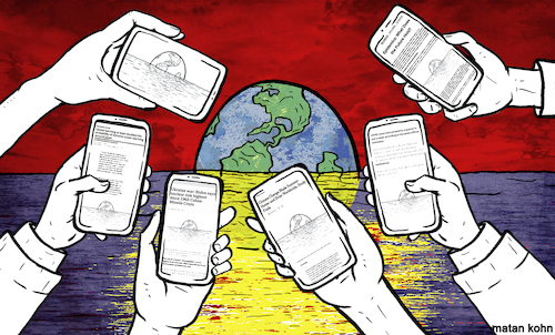 Cartoon: Sunrise sunset (medium) by matan_kohn tagged sunrise,sunset,poor,rich,sad,love,life,art,digitalart,climate,change,moon,moonlight,stars,space,glow,rayoflight,heart,world,cellular,phone,mobile,mobilephone,sea,theendoftheworld
