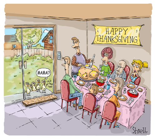 Cartoon: Turkey Kids (medium) by mikess tagged kids,children,turkey,foul,thanksgiving,family,holidays,orphans,sad,mom,mother,mama,mommy